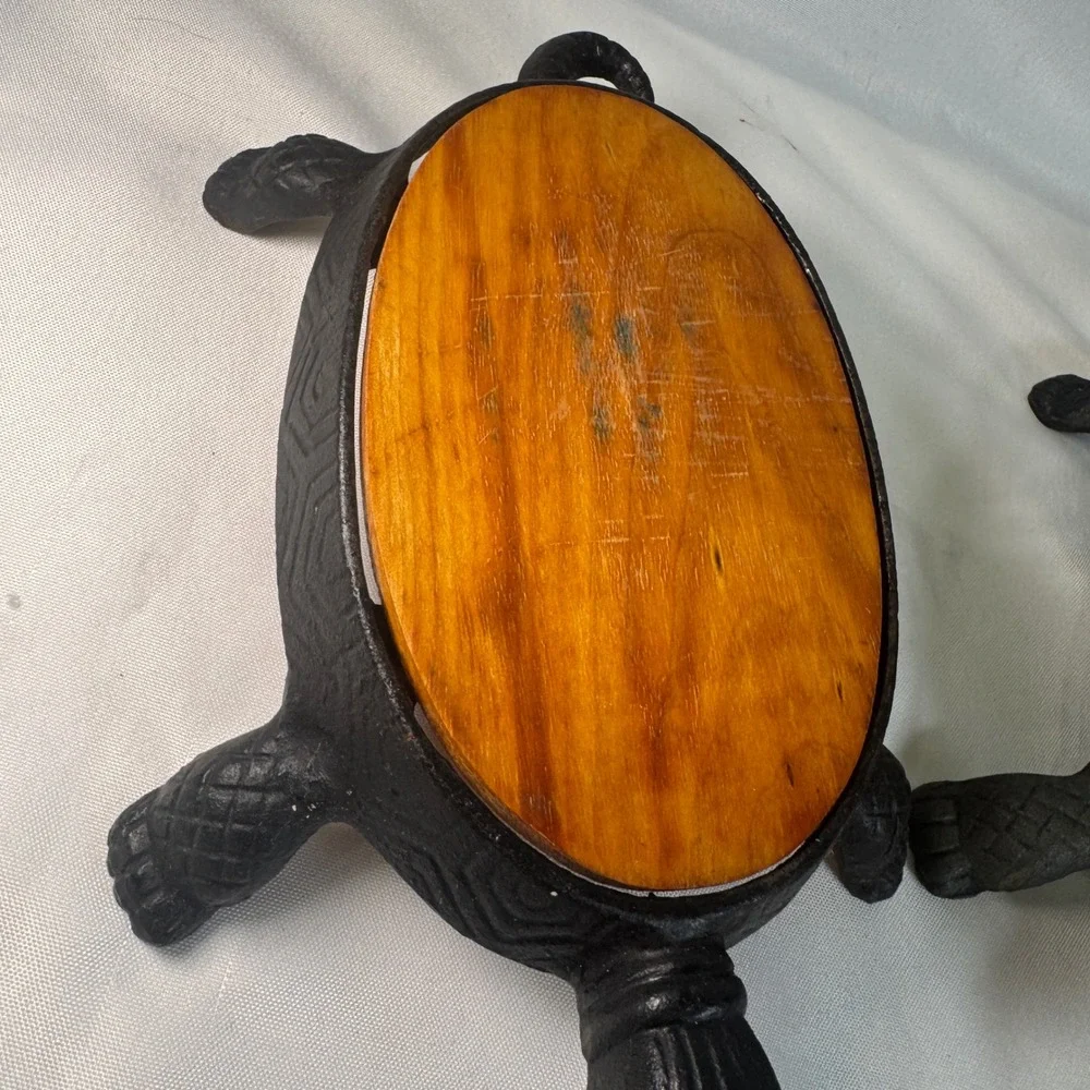 Vintage Cast Iron Turtle Cheese Grater and Wood Trivet Set Black Rustic Decor